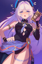 1girl absurdres armlet bare_shoulders beer_mug black_leotard blue_eyes blue_skirt blush bracelet braid braided_sidelock breasts citlali_(genshin_impact) cup daniel_deves detached_sleeves drunk facial_mark feather_hair_ornament feathers genshin_impact gradient_hair hair_ornament highres jewelry leotard long_hair looking_at_viewer medium_breasts mug multicolored_hair nail_polish open_mouth parted_bangs pink_hair ring_hair_ornament sash skirt solo thighs vision_(genshin_impact)