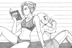 1boy 1girl android_18 back-to-back blush book couple dragon_ball drinking_tea husband_and_wife kuririn muscular muscular_male reading relaxing sweatdrop swimsuit tea