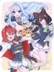 Rule 34 | 3girls, :d, aiguillette, ange katrina, animal ears, animal hair ornament, ankle boots, anniversary, armband, ayuko ammobium, blue armband, blue cape, blue eyes, blue gloves, blue hair, blue shirt, blue skirt, blush, boots, border, braid, brown tail, cape, collared shirt, commentary request, confetti, cup hair ornament, dog ears, dog girl, dog tail, dot nose, earrings, fangs, frilled skirt, frills, gloves, gold trim, gradient background, group name, group picture, hair between eyes, hair intakes, hair ornament, half up braid, hand on own chin, hands up, heterochromia, high heel boots, high heels, highres, idol clothes, inui toko, jewelry, layered shirt, layered skirt, lize helesta, long hair, long sleeves, looking at viewer, low twin braids, medium hair, midriff peek, miniskirt, multicolored hair, multiple girls, nijisanji, nijisanji idol uniform, one eye closed, open mouth, outside border, outstretched arms, pink background, purple eyes, red cape, red eyes, red hair, salute, sanbaka (nijisanji), sebastian piyodore, shirt, side cape, silver tiara, skin fangs, skirt, sleeve cuffs, smile, streaked hair, tail, thigh strap, triangle hair ornament, twin braids, two-finger salute, two-sided cape, two-sided fabric, two-tone hair, very long hair, virtual youtuber, watermark, white border, white hair, white shirt, white skirt, yellow background, yellow eyes