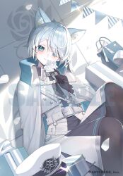 Rule 34 | 1girl, alternate costume, alternate hairstyle, animal ear fluff, animal ears, bag, banner, belt, black dress, blue eyes, blush, box, cat ears, copyright name, dress, flower, gift, gift box, hat, holding, holding flower, jacket, karo (karohroka), military hat, military uniform, nijisanji, official alternate costume, official alternate hairstyle, official art, open clothes, open jacket, petals, sample watermark, shopping bag, short hair, sitting, solo, sparkle, unworn hat, unworn headwear, virtual youtuber, watermark, white belt, white flower, white hair, white hat, white jacket, white petals, yukishiro mahiro, yukishiro mahiro (4th costume)