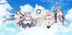 Rule 34 | 5girls, absurdres, antlers, azur lane, bare shoulders, between breasts, black dress, black footwear, black gloves, black hair, blonde hair, blue eyes, blue flower, blue gemstone, blue rose, blush, breasts, brown panties, center opening, chain, cleavage, closed mouth, clothing cutout, collarbone, covering crotch, covering privates, crossed bangs, cup, detached collar, diffraction spikes, dress, dress tug, earrings, elbow gloves, flower, formidable (azur lane), frilled dress, frills, from above, from below, full body, gem, gloves, gold chain, green eyes, grey hair, hair between eyes, hair flower, hair flowing over, hair on horn, hair ornament, hair ribbon, hair spread out, half gloves, hat, high heels, highres, horns, huge breasts, illustrious (azur lane), implacable (azur lane), indomitable (azur lane), jewelry, kabosu (user kfxw3284), large breasts, laurel crown, leg ribbon, long hair, long hair between eyes, long sleeves, looking at viewer, maid, multiple girls, nun, orange eyes, panties, red eyes, ribbon, rose, shoulder cutout, showgirl skirt, side-tie panties, sidelocks, sitting, sleeveless, sleeveless dress, smile, strapless, strapless dress, sun hat, thighhighs, twintails, two-tone dress, two-tone ribbon, underwear, very long hair, victorious (azur lane), white dress, white gloves, white hair, white hat, white thighhighs, wide sleeves