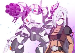 1girl absurdres arm_cannon armored_trooper belt black_belt breasts chirico_cuvie chirico_cuvie_(cosplay) commission commissioner_upload cosplay frown genshin_impact grey_hair hair_over_one_eye heyzan highres light_particles long_hair looking_at_viewer looking_to_the_side mecha medium_breasts one_eye_covered purple_eyes radio_antenna robot scopedog shenhe_(genshin_impact) signature skeb_commission solo soukou_kihei_votoms very_long_hair weapon