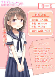 1girl absurdres blush fang highres hiyoko_setto looking_at_viewer medium_hair original pink_background pleated_skirt school_uniform serafuku short_sleeves sidelocks skirt solo standing