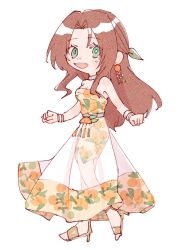 1girl aerith_gainsborough aerith_gainsborough_(citric_dress) bare_shoulders bracelet breasts brown_footwear brown_hair chibi choker cleavage dress earrings final_fantasy final_fantasy_vii final_fantasy_vii_ever_crisis food-themed_earrings food_print food_themed_earrings fruit_print full_body green_eyes green_ribbon grey_choker hair_ribbon half_updo jewelry light_blush long_dress long_hair looking_at_viewer medium_breasts nitoya_00630a official_alternate_costume open_mouth orange-shaped_earrings orange-shaped_ornament orange_print parted_bangs print_dress ribbon see-through_clothes see-through_skirt side_slit sidelocks skirt smile solo strapless strapless_dress toeless_footwear white_background