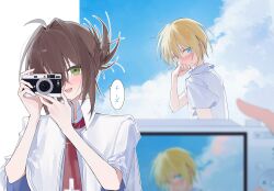 Rule 34 | 1boy, 1girl, :d, absurdres, ahoge, blonde hair, blue eyes, blurry, blurry foreground, blush, brown hair, camera, capelet, collared shirt, covering own mouth, cross, cross print, day, depth of field, embarrassed, eyebrows hidden by hair, fang, female pov, folded ponytail, green eyes, hair between eyes, hair intakes, hand up, hands up, happy, highres, holding, holding camera, looking at viewer, looking back, mamiya takuji, medium hair, necktie, nose blush, one eye covered, open mouth, outdoors, outline, pov, print shirt, red necktie, school uniform, shirt, short hair, short sleeves, smile, speech bubble, subarashiki hibi, sweatdrop, tachibana kimika, teeth, translated, upper body, upper teeth only, visinss, white capelet, white outline, white shirt