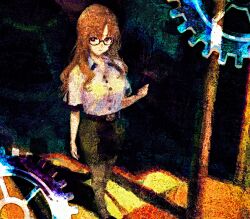 Rule 34 | 1girl, belt, black belt, breasts, cellphone, collared shirt, commentary, drop shadow, english commentary, evening, expressionless, flip phone, gears, glasses, hair between eyes, high collar, highres, holding, holding phone, kiryuu moeka, kristianmaksak5, leather belt, long hair, looking to the side, medium breasts, miniskirt, open collar, outdoors, phone, pink eyes, ribbon, science adventure, shirt, skirt, sleeve slit, solo, steins;gate, white shirt