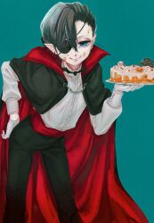 1boy alternate_costume alternate_ears bishounen blue_eyes ciel_phantomhive closed_mouth dyi9k earrings eyepatch fang food food_on_face gloves hair_between_eyes highres jewelry kuroshitsuji looking_at_viewer male_focus pale_skin pointy_ears shirt short_hair smile solo tongue tongue_out vampire
