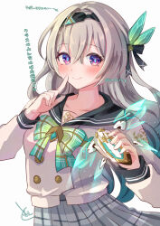 1girl absurdres blush collarbone firefly_(honkai:_star_rail) grey_hair grey_skirt highres honkai:_star_rail honkai_(series) jacket purple_eyes simple_background skirt solo tomoe_(pixiv_53856103) upper_body white_background white_jacket