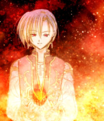 1boy blonde_hair brown_coat coat commentary_request cross cross_necklace dated_commentary earrings embers fire gold_trim grin high_priest_(ragnarok_online) jewelry long_sleeves looking_at_viewer male_focus multicolored_coat necklace pyrokinesis ragnarok_online red_coat red_eyes sharari short_hair smile solo two-tone_coat upper_body white_coat