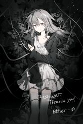 1girl absurdres barcode barcode_tattoo black_jacket cable chinese_commentary closed_mouth collarbone commentary_request commission dress facial_tattoo feet_out_of_frame grey_eyes grey_hair grey_theme hair_between_eyes highres holding_own_arm jacket leaf long_hair long_sleeves looking_at_viewer maboroshi_(freeze000) mechanical_arms open_clothes open_jacket original plant short_dress single_mechanical_arm solo standing sundress tattoo thank_you thighhighs white_dress white_thighhighs