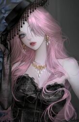 1girl bare_shoulders black_dress black_gloves blue_eyes breasts commission dabong dress earrings elbow_gloves gloves hair_over_one_eye hat highres jewelry lace lace_gloves long_hair looking_at_viewer makeup necklace original parted_lips pink_hair solo upper_body