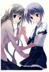 2girls absurdres artist_request brown_jacket chaos;head check_artist cuffs english_text frilled_skirt frills from_side green_eyes hair_between_eyes hand_on_another&#039;s_arm highres holding_hands jacket kishimoto_ayase kusunoki_yua long_hair long_sleeves looking_at_viewer multiple_girls necktie non-web_source official_art open_mouth petticoat plaid_clothes plaid_necktie plaid_skirt plaid_sleeves purple_eyes red_trim sasaki_mutsumi school_emblem school_uniform shirt short_hair short_sleeves skirt smile suimei_academy suimei_school_uniform tongue very_long_hair white_background white_petticoat white_shirt white_sleeve_cuffs