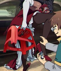 1boy 1futa artist_name black_hair breasts brown_hair car contemporary covered_testicles dark-skinned_female dark_skin elbow_gloves futanari gloves gradient_hair high_heels inkspirate jewelry kono_subarashii_sekai_ni_shukufuku_wo! large_breasts long_sleeves marriage_proposal motor_vehicle multicolored_hair outdoors parted_lips photo-referenced red_hair red_shoes ring satou_kazuma screaming shoes standing standing_on_one_leg stiletto_heels stool sylvia_(konosuba) testicles tunic twitter_x_logo wedding_ring white_gloves white_tunic