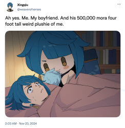 2boys 500_dollar_four_foot_tall_mareep_(meme) blue_hair book bookshelf character_doll chongyun_(genshin_impact) commentary curtains dark_blue_hair dated doll earrings english_commentary english_text fake_screenshot from_side genshin_impact highres hugging_doll hugging_object indoors jewelry light_blue_hair lying male_focus meme multiple_boys norue on_back on_side photo_(object) short_hair social_network stuffed_toy sweat under_covers xingqiu_(genshin_impact)