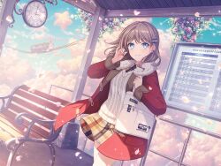 1girl alternate_hairstyle analog_clock bang_dream! bench blue_eyes blush breasts brown_hair cherry_blossoms clock cloud coat collar flower long_hair medium_breasts official_art railroad_tracks sky smile solo standing star_(symbol) sweater_vest train white_bag white_sweater_vest yamabuki_saya