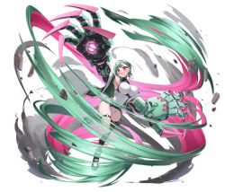 1girl absurdres arm_up asymmetrical_bangs bare_shoulders black_thighhighs boots breasts chest_harness chiko-chan_(morros) clawed_gauntlets commentary full_body green_boots green_hair hair_ornament hairclip halterneck harness highleg highleg_leotard highres huge_weapon impossible_clothes impossible_leotard large_breasts leg_up leotard looking_at_viewer mechanical_arms medium_hair morros o-ring o-ring_thigh_strap open_mouth original power_fist powering_up red_eyes simple_background single_bare_leg single_thighhigh solo sweatdrop symbol-only_commentary tearing_up thigh_strap thighhighs thighs variant_set weapon white_background white_leotard