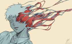 1boy body_horror collared_shirt commentary expressionless highres hikaru_(hikaru_ga_shinda_natsu) hikaru_ga_shinda_natsu horror_(theme) looking_to_the_side male_focus mokumokuren_(mokmok_len) official_art orange_background parted_lips portrait red_pupils shirt short_hair signature simple_background solo twitter_username very_short_hair white_hair white_shirt