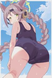 1girl :3 ahoge animal_ears ass blue_archive braid brown_hair cameltoe fox_ears fox_girl green_eyes green_halo halo headset highres kainekodash long_braid looking_back one-piece_swimsuit otogi_(blue_archive) sky swimsuit wet
