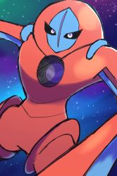 Rule 34 | alien, colored skin, deoxys, deoxys (defense), dutch angle, eli (greeli ), gen 3 pokemon, highres, looking at viewer, mythical pokemon, nintendo, pokemon, pokemon (creature), red skin, slit pupils, solo, space, star (sky), tentacles