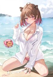 1girl animal_ear_piercing animal_ears animare beach bikini bikini_under_clothes blush breasts brown_hair buttons capybara capybara_ears cleavage collarbone collared_shirt commentary earrings full_body gradient_hair hand_up highres jewelry large_breasts long_sleeves looking_at_viewer multicolored_hair nail_polish nanashi_inc. ocean outdoors parted_lips pink_bikini pink_eyes pink_hair pink_nails satoupote shirt short_hair signature single_earring sitting solo swimsuit symbol-only_commentary twitter_username virtual_youtuber water wet white_shirt yunohara_izumi