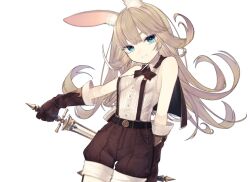 1girl :3 animal_ear_fluff aqua_eyes bare_shoulders belt black_belt black_bow black_bowtie blonde_hair bow bowtie breasts brown_cape brown_gloves brown_shorts buttons cape center-flap_bangs collared_shirt commentary_request commission cowboy_shot double-parted_bangs dress_shirt elbow_gloves floating_hair furrowed_brow gloves highres holding holding_behind_back holding_sword holding_weapon holding_weapon_behind_back leaning_back long_hair looking_at_viewer original outstretched_arm reverse_grip riuichi shirt shorts simple_background skeb_commission sleeveless sleeveless_shirt small_breasts smile solo standing striped_clothes striped_shirt suspender_shorts suspenders sword vertical-striped_clothes vertical-striped_shirt weapon white_background wing_collar