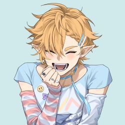 1boy alternate_costume aotu_world badge belt blonde_hair blue_background blue_ribbon blue_shirt blush braid clenched_hand closed_eyes collarbone detached_sleeves ear_piercing earrings facing_viewer fangs hair_between_eyes hair_ornament hairclip hand_on_own_face hand_up happy highres jewelry king_(aotu_world) long_sleeves male_focus mu20174305 multicolored_shirt multiple_rings neck_ribbon open_mouth piercing pointy_ears ribbon ring shirt short_hair short_sleeves simple_background smile solo striped_sleeves teeth upper_body white_belt