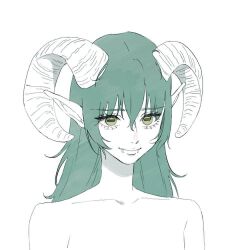 Rule 34 | 1girl, collarbone, commentary, curled horns, ega (ega-519), face piercing, goat girl, goat horns, green eyes, green hair, horizontal pupils, horns, lip piercing, long hair, looking at viewer, original, piercing, pointy ears, simple background, solo, spot color, symbol-only commentary, upper body