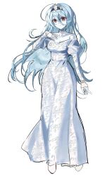 1girl blue_hair breasts closed_mouth collarbone colored_skin crown dress eunoia_(frozen_soul) frozen_soul full_body hair_between_eyes highres joints juliet_sleeves long_hair long_sleeves looking_at_viewer mashmallow_cat medium_breasts off-shoulder_dress off_shoulder puffy_sleeves red_eyes roblox robot_joints shoes smile solo very_long_hair white_dress white_shoes white_skin