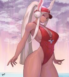 1girl absurdres alternate_costume animal_ears artist_name beach between_breasts boku_no_hero_academia breasts commentary covered_abs covered_navel dark-skinned_female dark_skin english_commentary hat high_ponytail highleg highleg_one-piece_swimsuit highres juggler_(sun_juggler) large_breasts lifeguard long_eyelashes long_hair long_sidelocks looking_at_viewer mirko muscular muscular_female obliques one-piece_swimsuit parted_bangs ponytail rabbit_ears rabbit_girl red_eyes red_hat red_one-piece_swimsuit red_visor sideboob sidelocks solo swimsuit thick_thighs thighs tight_clothes very_long_hair visor_cap water whistle whistle_around_neck white_cross white_hair