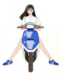 1990s_(style) 1girl anna_miller apron black_eyes blue_shoes brown_hair closed_mouth eguchi_hisashi eyelashes full_body highres legs_apart long_hair looking_at_viewer mihashi_haruko motor_vehicle motorcycle nike_(company) no_socks official_art on_motorcycle puffy_short_sleeves puffy_sleeves retro_artstyle roujin_z scan shoes short_sleeves simple_background smile sneakers solo waitress white_apron white_background