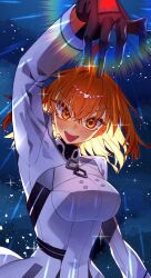 1girl ahoge black_gloves breasts chaldea_logo chaldea_uniform command_spell dress fate/grand_order fate_(series) fujimaru_ritsuka_(female) fujimaru_ritsuka_(female)_(decisive_battle_chaldea_uniform) gloves highres jacket kujiraoka medium_breasts medium_hair orange_eyes orange_hair solo white_dress white_jacket