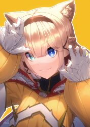 Rule 34 | 1girl, acrylicstroke, animal ear fluff, animal ears, artist name, blue eyes, brown hair, cat ears, cat girl, claw pose, closed mouth, commission, commissioner upload, cosplay, fang, gloves, green eyes, headband, heterochromia, highres, honkai (series), honkai impact 3rd, jumpsuit, long sleeves, looking at viewer, nia (xenoblade), nia (xenoblade) (cosplay), non-web source, outline, pardofelis, puffy long sleeves, puffy sleeves, short hair, signature, simple background, skin fang, smile, solo, trait connection, upper body, watermark, weapon connection, white gloves, white hood, white outline, xenoblade chronicles (series), xenoblade chronicles 2, yellow background, yellow jumpsuit