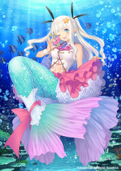 1girl air_bubble aqua_eyes bubble cardfight!!_vanguard copyright_notice earrings fish full_body hair_ornament jewelry mermaid monster_girl navel official_art one_eye_closed pointy_ears solo star_(symbol) star_hair_ornament tony_taka underwater white_hair