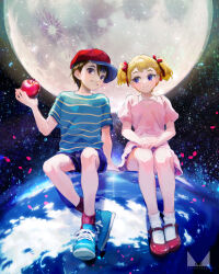 1boy 1girl ana_(mother) apple artist_logo baseball_cap black_hair blonde_hair blue_eyes blue_footwear blue_shorts chichi_band dress earth_(planet) food fruit full_moon grin hands_on_lap hat highres holding holding_food holding_fruit logo moon mother_(series) mother_1 ninten nintendo on_mini_planet petals pink_dress planet red_footwear red_headwear red_ribbon red_socks ribbon shirt short_hair short_twintails shorts sideways_hat sitting smile socks striped_clothes striped_shirt twintails white_socks