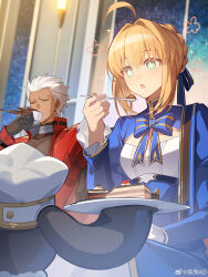 Rule 34 | 1boy, 1girl, absurdres, ahoge, archer (fate), archer (honkai: star rail) (fate), artoria pendragon (fate), black gloves, blonde hair, blue dress, blue ribbon, blush, cake, cake slice, closed eyes, coffee, commentary request, creature, crossover, cup, dark-skinned male, dark skin, dress, fate/stay night, fate/unlimited blade works, fate (series), fengtu ad, food, gloves, green eyes, hair ribbon, highres, honkai: star rail, honkai (series), jacket, open clothes, open jacket, pom-pom (honkai: star rail), red jacket, ribbon, saber (fate), saber (honkai: star rail) (fate), short hair, symbol-shaped pupils, teacup, white hair