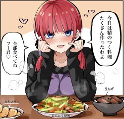 Rule 34 | 1girl, apple, black ribbon, blue eyes, blush, breasts, eyebrows hidden by hair, food, fruit, go-toubun no hanayome, hair ornament, hair ribbon, highres, large breasts, looking at viewer, mame1645, multicolored nails, nakano nino, open mouth, pink hair, plate, ribbon, short hair, simple background, smile, sound effects, speech bubble, translation request, two side up, upper body