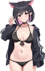 1girl absurdres animal_ears bikini black_bikini black_choker black_hair black_hoodie blue_archive blush breasts cat_choker cat_ears choker claw_pose collarbone colored_inner_hair extra_ears hair_behind_ear hair_ornament hairclip halo highres hood hoodie kazusa_(blue_archive) long_sleeves looking_at_viewer medium_hair multicolored_hair navel open_clothes open_hoodie pink_eyes pink_hair pink_halo simple_background smile solo stomach suiroh_(shideoukami) swimsuit thighs two-tone_hair white_background