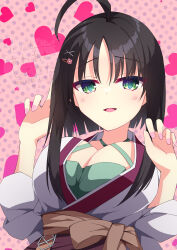 Rule 34 | 1girl, :d, absurdres, ahoge, black hair, blunt ends, blush, breasts, cleavage, commentary, criss-cross halter, green eyes, green shirt, hair between eyes, hair ornament, hairclip, halterneck, hands up, heart, heart-shaped pupils, heart background, highres, hitachi mako, japanese clothes, kimono, large breasts, long sleeves, looking at viewer, miz awa, nail polish, official alternate costume, open mouth, pink background, pink nails, polka dot, polka dot background, raised eyebrows, senren banka, shirt, short hair with long locks, simple background, sleeves rolled up, smile, solo, straight hair, symbol-shaped pupils, upper body, w arms, watermark, white kimono, x hair ornament