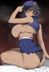 1girl absurdres areola_slip ass bikini black_bikini black_hair blue_hat blue_shirt blue_skirt breasts brown_eyes closed_mouth clothes_lift commission dark-skinned_female dark_skin from_behind from_side hair_between_eyes hat highres large_breasts looking_at_viewer looking_to_the_side original pleated_skirt second-party_source shirt shirt_lift short_hair sitting skirt sleeveless sleeveless_shirt solo sweat swimsuit urec