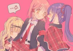 Rule 34 | 1boy, 2girls, anger vein, armband, black jacket, blazer, blonde hair, blush, capelet, closed eyes, closed mouth, collared shirt, double arm hug, fujisaki nadeshiko, highres, hinamori amu, jacket, jealous, long sleeves, mashiro rima, multiple girls, mutsuki (fujisakike), necktie, pink background, pink hair, purple hair, red armband, red capelet, red necktie, red skirt, school uniform, seiyo academy school uniform, shirt, shugo chara!, skirt, trap, twitter username, white hair, yellow eyes