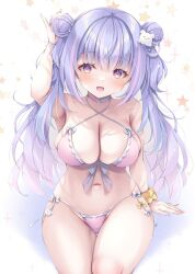 1girl arm_up armpits bikini bow breasts choker cleavage collarbone criss-cross_halter double_bun gluteal_fold hair_bun hair_ornament halterneck heart heart_o-ring highres hoshifuru_ameru indie_virtual_youtuber long_hair mitsuki_tsumi multicolored_hair navel o-ring open_mouth pink_bikini pink_choker pink_hair purple_eyes purple_hair scrunchie second-party_source solo star_(symbol) star_in_eye star_symbol_background streaked_hair swimsuit symbol_in_eye two-tone_choker virtual_youtuber white_bow white_choker wrist_scrunchie yellow_scrunchie