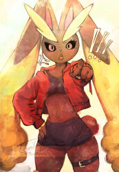 ! !! 1girl anger_vein animal_nose artist_name belt black_sclera black_shorts black_sports_bra blush body_fur bracelet breasts brown_fur colored_sclera cowboy_shot cropped_jacket dated female_focus furrowed_brow furry furry_female gen_4_pokemon hand_on_own_hip high-waist_shorts jacket jewelry light_blush long_animal_ears long_sleeves looking_at_viewer lopunny micro_shorts midriff navel nintendo open_mouth pointing pointing_at_viewer pokemon pokemon_(creature) rabbit_ears rabbit_girl rabbit_tail red_eyes red_jacket short_tail shorts signature small_breasts solo sports_bra standing stomach tail thick_thighs thigh_belt thigh_strap thighs thwillartz toned toned_female twitter_username two-tone_fur v-shaped_eyebrows yellow_background yellow_fur