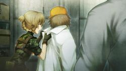 aged_up alternate_body_size amane_suzuha amane_suzuha_(beta) angry baseball_cap belt_pouch black_gloves braid brown_hair bulletproof_vest camouflage camouflage_jacket clothes_grab collar_grab digital_camouflage father_and_daughter from_behind game_cg glasses gloves green_jacket hair_rings hashida_itaru hat high_collar highres huke indoors jacket lab_coat lapels long_sleeves military_combat_uniform military_fatigues military_uniform neckwear_grab non-web_source notched_lapels official_art okabe_rintarou open_mouth pouch ringed_eyes short_sleeves soldier steins;gate steins;gate_0 twin_braids twintails v-shaped_eyebrows woodland_camouflage yellow_eyes yellow_hat