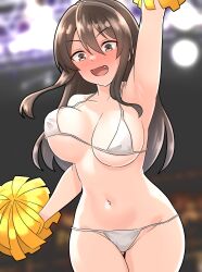 1girl :d arm_up armpits ashigara_(kancolle) bikini blurry blurry_background blush bouncing_breasts breasts brown_eyes brown_hair cheerleader collarbone commentary_request embarrassed fang furaggu_(frag_0416) hair_between_eyes highres holding holding_pom_poms kantai_collection long_hair medium_breasts micro_bikini navel open_mouth pom_pom_(cheerleading) pom_poms sidelocks smile solo standing swimsuit white_bikini