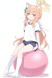 animal_ears ball blue_archive blue_eyes blue_shorts cat_ears cat_girl halo highres long_hair mari_(blue_archive) mari_(track)_(blue_archive) orange_hair outotmem shirt short_shorts shorts socks white_shirt white_socks yellow_halo