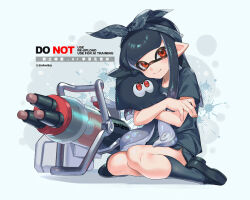 1girl animal bow bow_hairband closed_mouth commentary dolphin_shorts full_body green_bow green_hair green_hairband green_shirt green_shoes green_shorts green_socks hair_bow hairband heavy_edit_splatling_(splatoon) holding holding_animal inkling inkling_(swim_form) inkling_girl inkling_player_character jinkoika loafers long_hair looking_at_viewer nintendo pointy_ears red_eyes shirt shoes short_sleeves shorts sitting smile socks splatoon_(series) splatoon_3 symbol-only_commentary t-shirt tentacle_hair