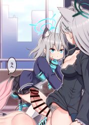 3girls aftersex animal_ear_fluff animal_ears ass bar_censor bicycle black_dress black_skirt blue_archive blue_eyes blue_halo blue_jacket blue_scarf breasts censored cross_hair_ornament dress erection female_pubic_hair futa_with_female futanari grey_hair hair_ornament halo highres hoshino_(blue_archive) jacket large_breasts lemon_snail long_hair long_sleeves looking_at_another medium_hair mismatched_pupils multiple_girls penis pubic_hair riding riding_bicycle scarf shiroko_(blue_archive) shiroko_terror_(blue_archive) shirt skirt speech_bubble testicles white_shirt wolf_ears
