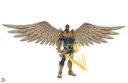 1boy angel angel_wings armor blue_bodysuit bodysuit boots commission energy fingernails full_body gold_armor holding holding_weapon long_sword looking_at_viewer male_focus open_hand redeemer_(spawn) sharp_fingernails shoulder_armor spawn_(comic) sword weapon wings