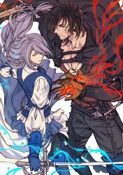 1boy 1girl beard beard_stubble black_cape black_hair braid cape chinstrap_beard clive_rosfield drawstring facial_hair final_fantasy final_fantasy_xvi glowing glowing_sword glowing_weapon grey_hair highres holding holding_sword holding_weapon jill_warrick leather_vest long_hair long_skirt low-tied_long_hair mustache_stubble reitomo scar scar_on_face single_braid skirt stubble sword tied_drawstring weapon