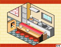 bowl cooking_pot cutting_board door food indoors kenja_taka no_humans noodles pixel_art poster_(object) ramen red_cat_ramen steam stool window